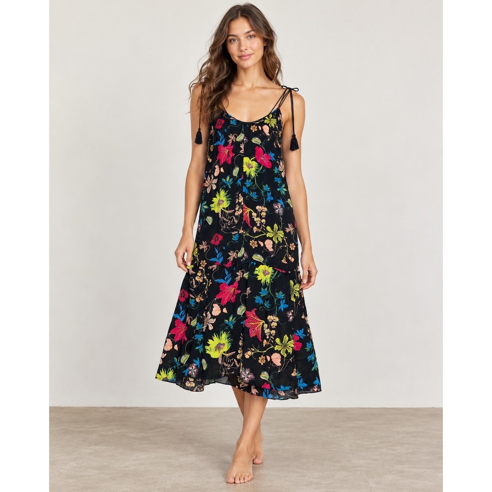 H&M Conscious Black Floral Tie Strap Midi Dress US 2 Tassel Boho Resort
